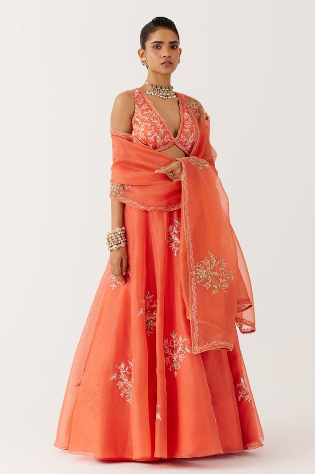 Orange Dori and Sequins Embroidered Lehenga Set