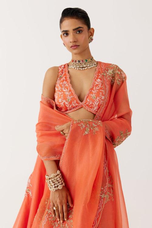 Orange Dori and Sequins Embroidered Lehenga Set