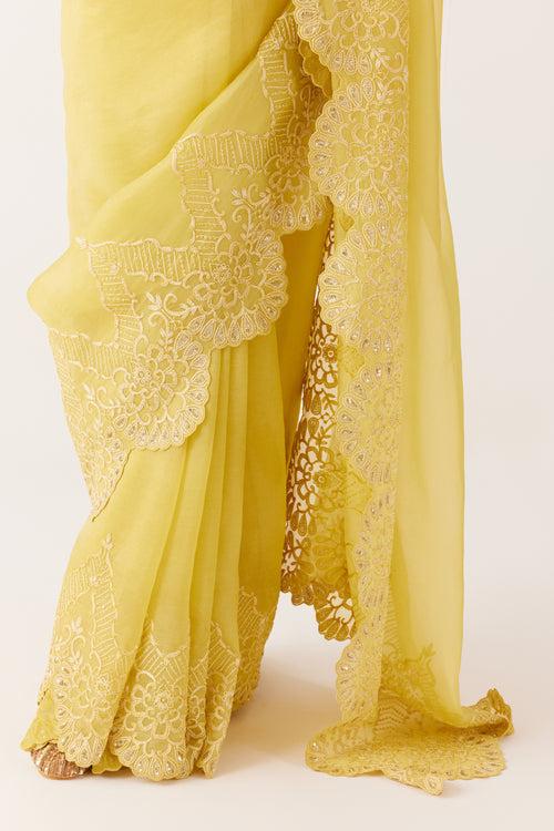 Yellow Embroidered Silk Organza Saree