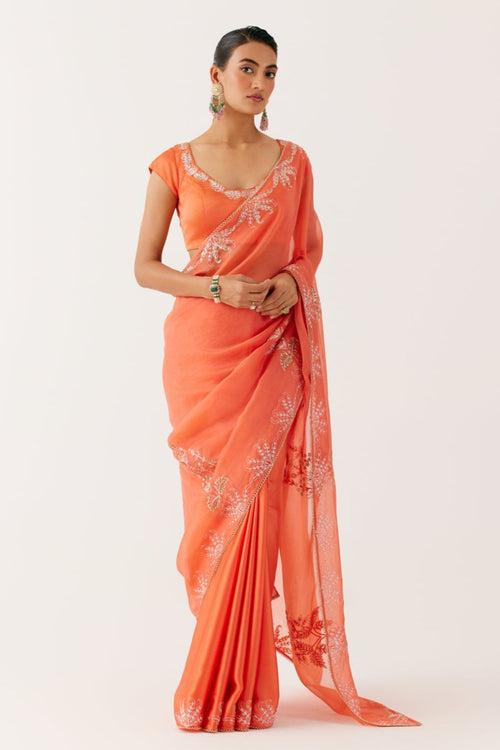 Orange Sequined Organza Saree