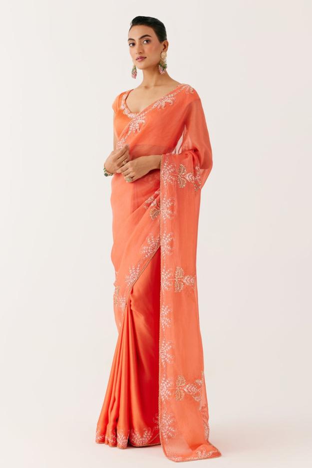 Orange Sequined Organza Saree