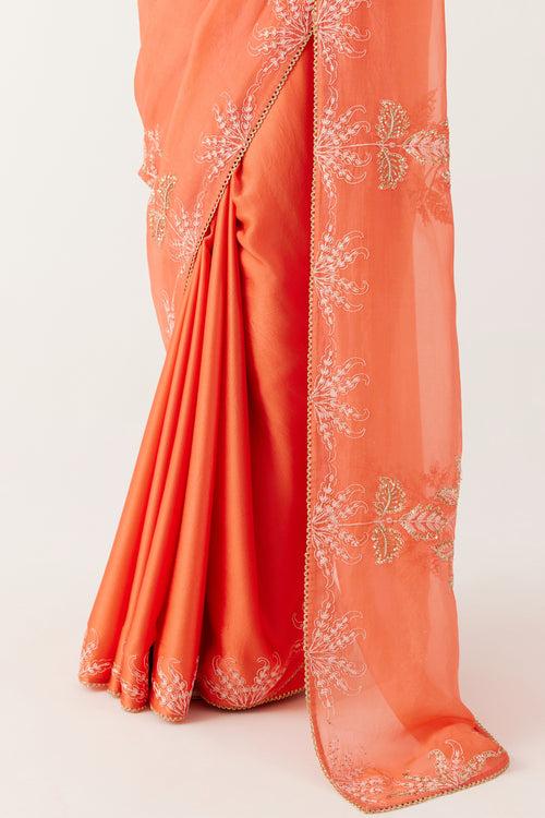 Orange Sequined Organza Saree