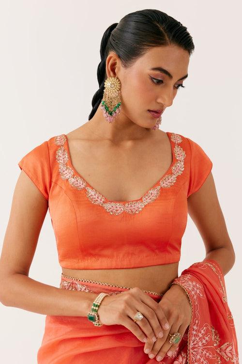 Orange Sequined Organza Saree