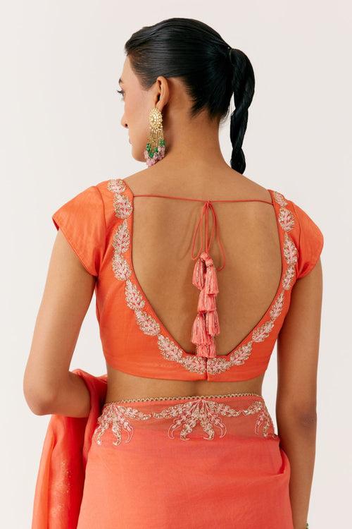 Orange Sequined Organza Saree