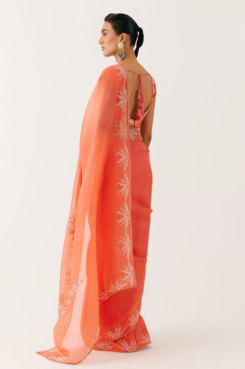 Orange Sequined Organza Saree