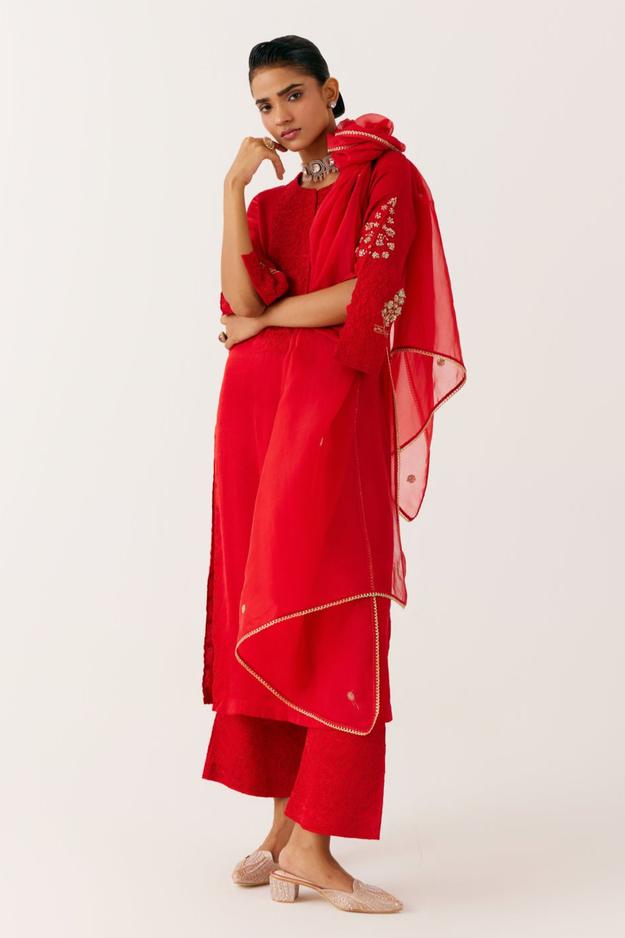 Ruby Red Dori and Sequins Embroidered Kurta Set