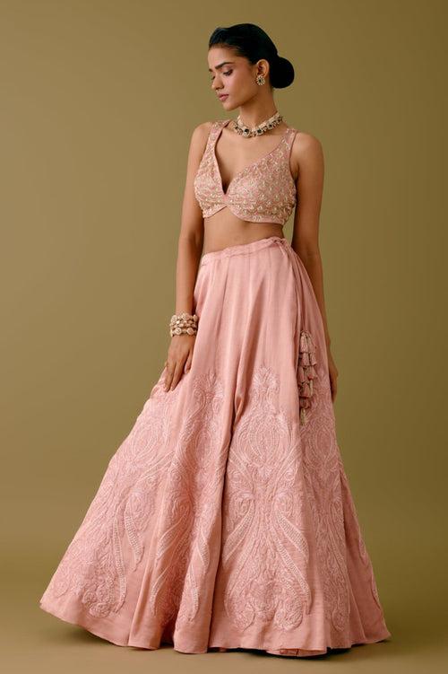 Onion Pink Embroidered Silk Satin Lehenga