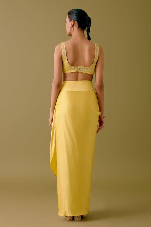 Yellow Sequined Cape and Draped Skirt Set