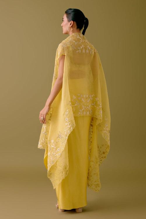 Yellow Sequined Cape and Draped Skirt Set