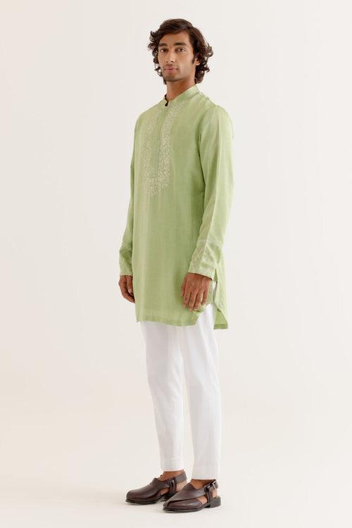 Pistachio Green Silk Satin Dori Embroidered Kurta Set