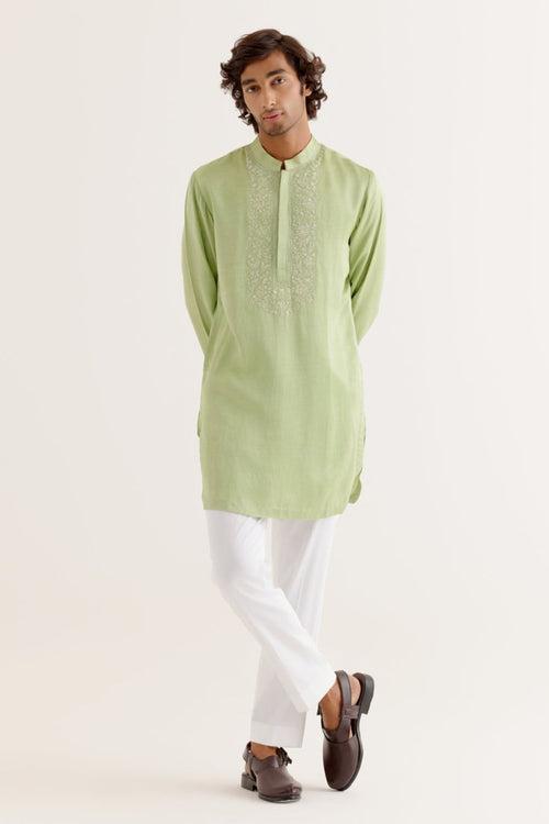 Pistachio Green Silk Satin Dori Embroidered Kurta Set