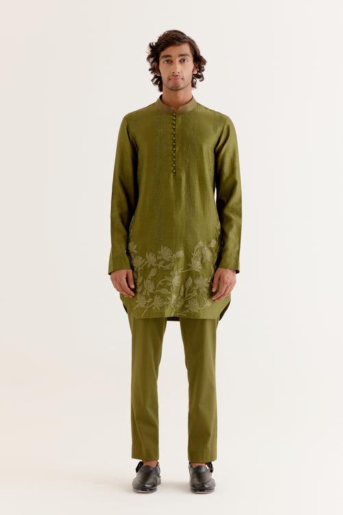 Olive Green Floral Embroidered Chanderi Short Kurta Set