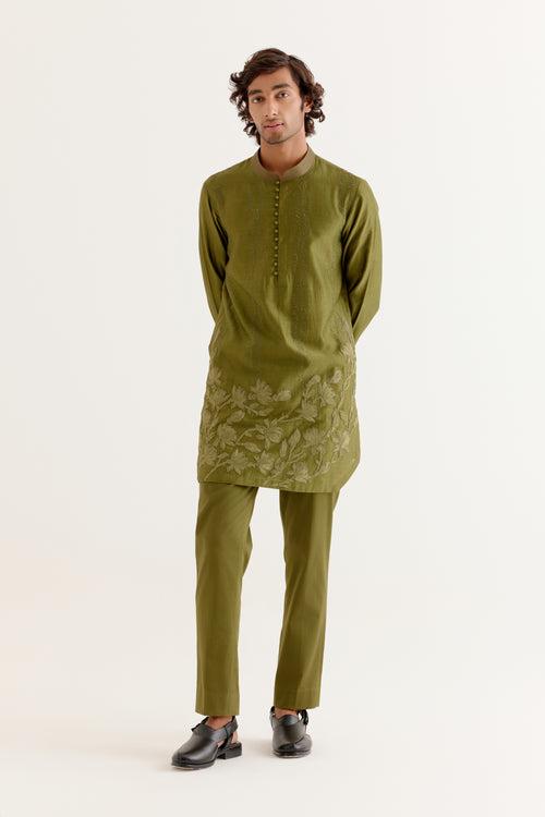 Olive Green Floral Embroidered Chanderi Short Kurta Set