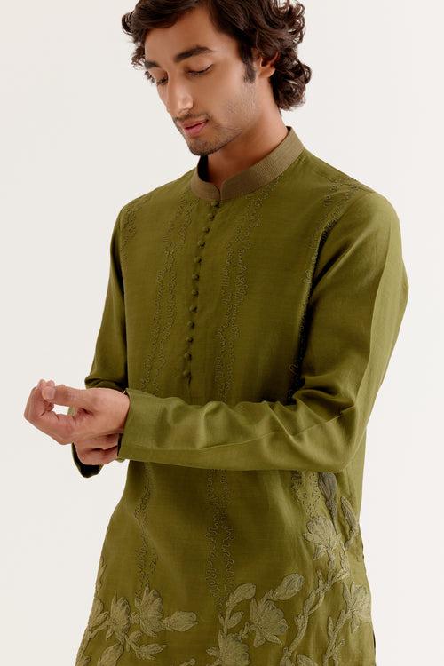 Olive Green Floral Embroidered Chanderi Short Kurta Set