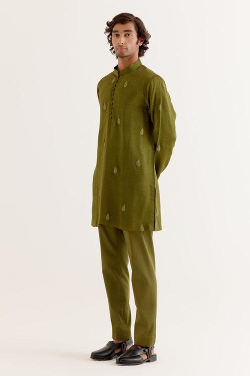 Vijay Deverakonda in Olive Green Dori Embroidered Kurta and Jacket Set