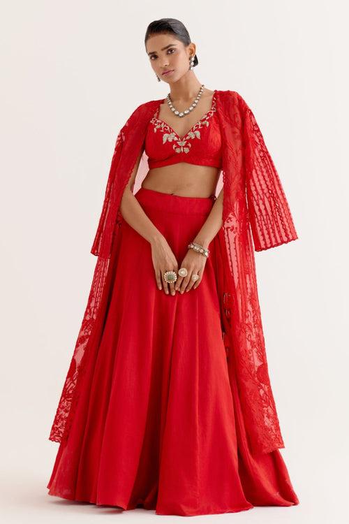 Ruby Red Satin Lehenga and Embroidered Jacket Set