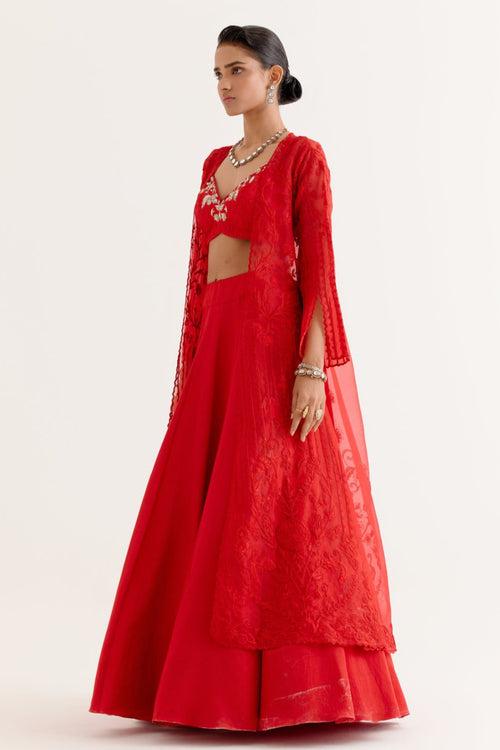 Ruby Red Satin Lehenga and Embroidered Jacket Set