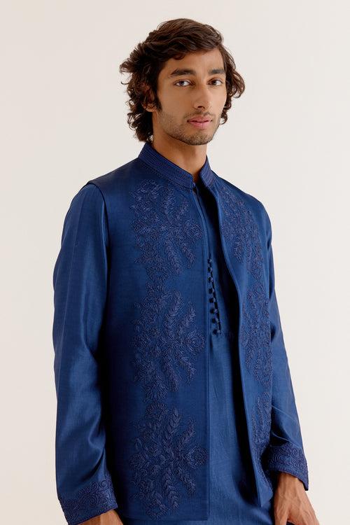 Royal Blue Dori Embroidered Kurta and Bundi Set