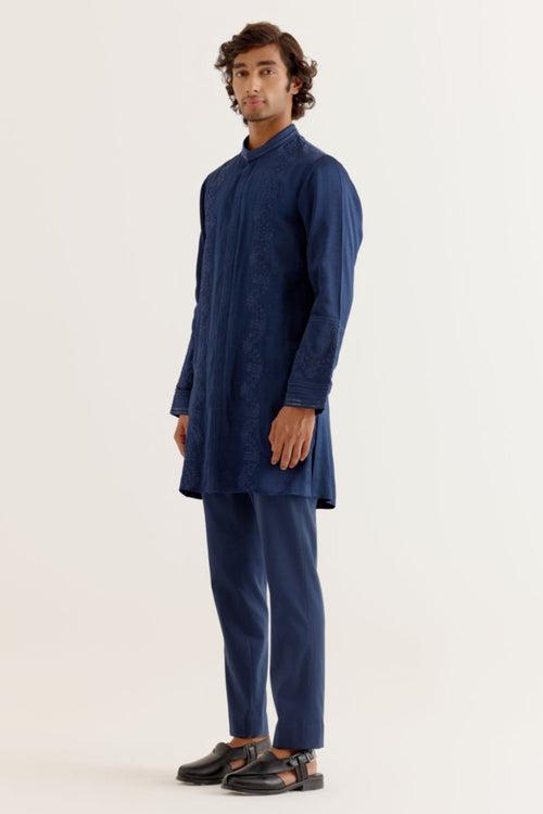 Royal Blue Silk Satin Front-Open Kurta Set