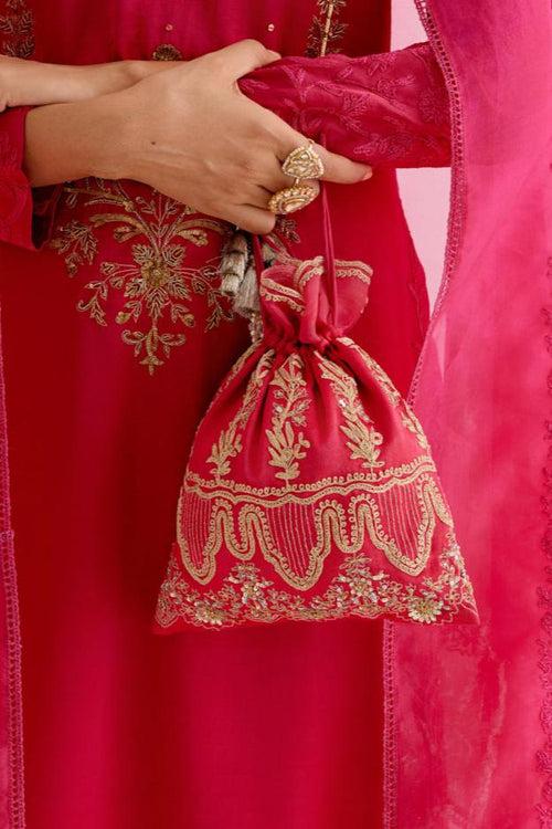 Fuchsia Pink Zari Embroidered Gajji Silk Potli