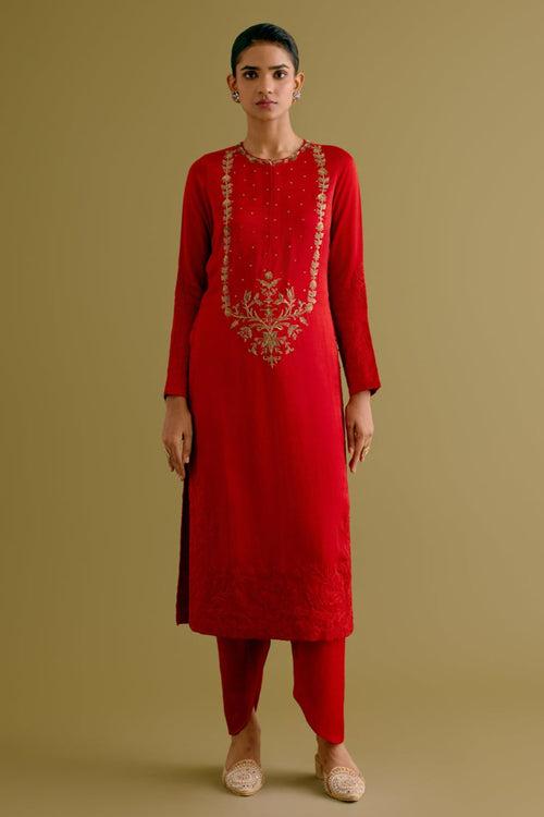 Ruby Red Dori and Sequins Embroidered Kurta and Dhoti Set