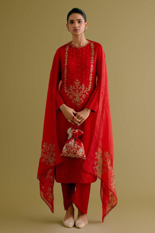 Ruby Red Dori and Sequins Embroidered Kurta and Dhoti Set