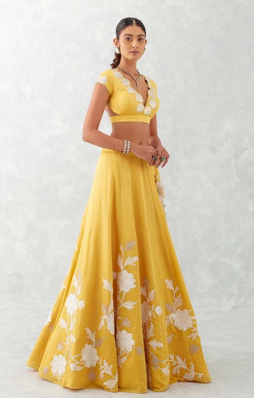 Katrina Kaif in Mango Yellow Embroidered Cotton Silk Satin Lehenga Set