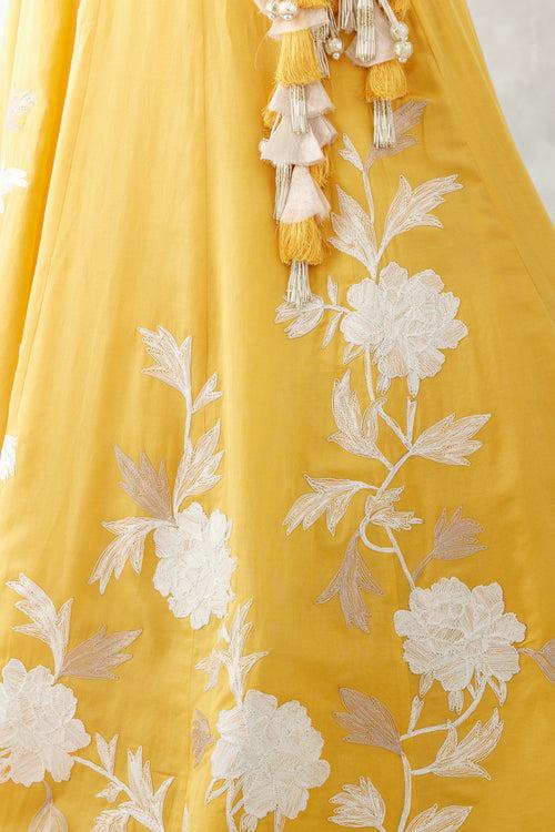 Katrina Kaif in Mango Yellow Embroidered Cotton Silk Satin Lehenga Set