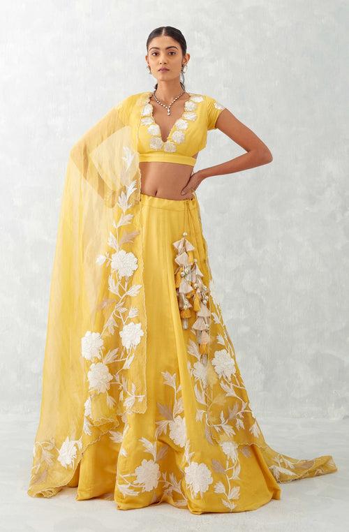 Katrina Kaif in Mango Yellow Embroidered Cotton Silk Satin Lehenga Set