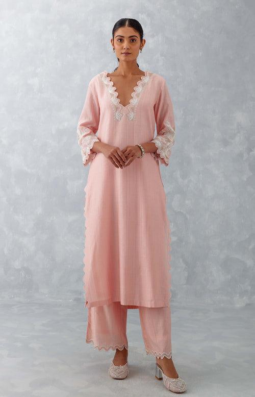 Kareena Kapoor Khan in Blush Pink Embroidered Woven Chanderi Kurta Set