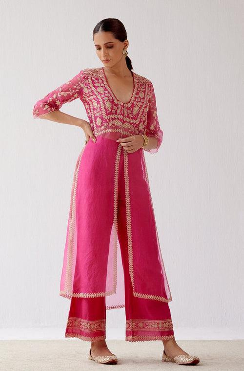 Fuchsia Slit Silk Organza Kurta Set (RTS)