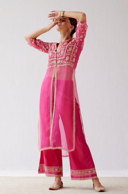 Fuchsia Slit Silk Organza Kurta Set (RTS)