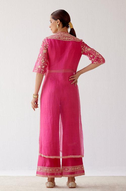 Fuchsia Slit Silk Organza Kurta Set (RTS)