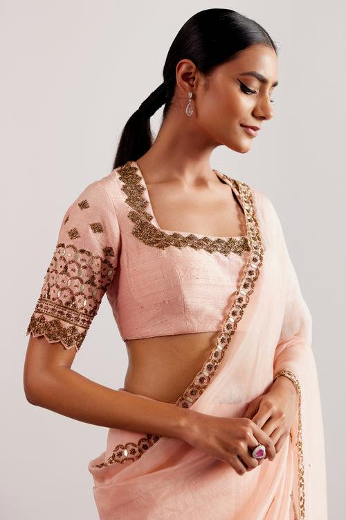 Blush Pink Hand Embroidered Silk Organza Saree