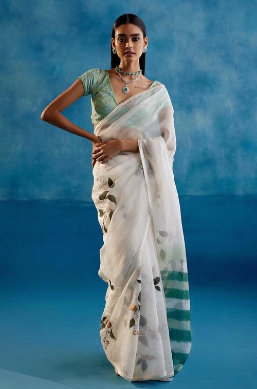 Sage Green Silk Organza Hand-Painted Leheriya Saree