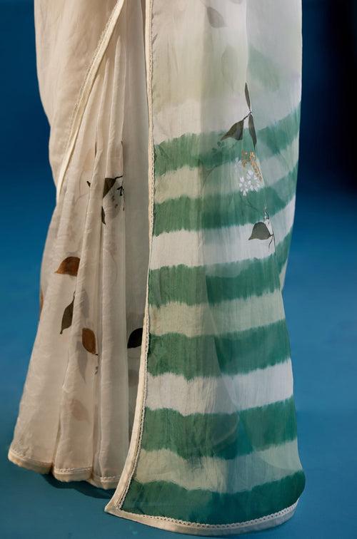 Sage Green Silk Organza Hand-Painted Leheriya Saree