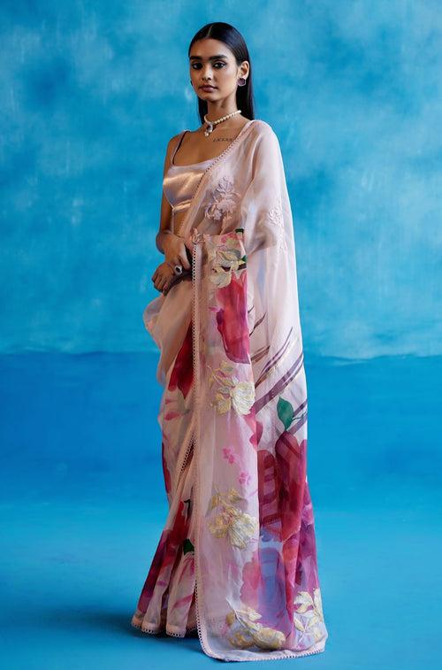 Blush Pink Silk Organza Hand-Painted Embroidered Saree