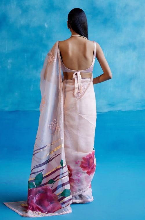 Blush Pink Silk Organza Hand-Painted Embroidered Saree