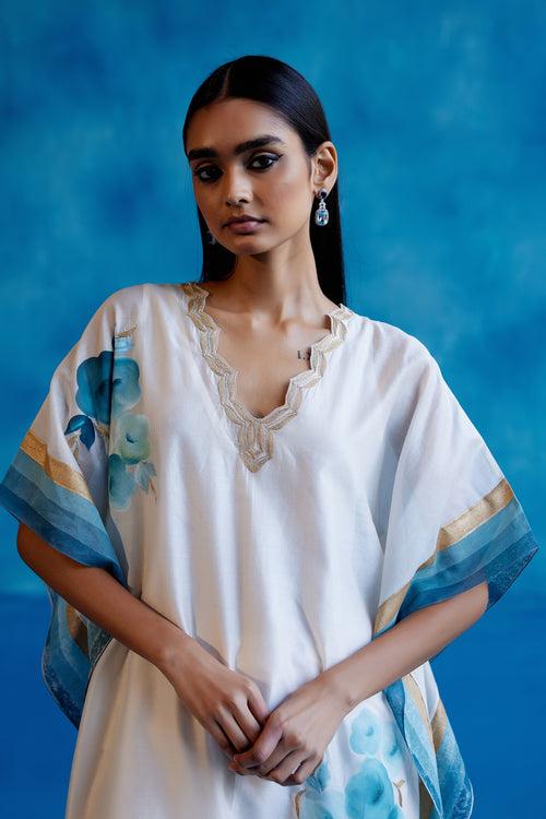 Ivory and Blue Silk Chanderi Hand-Painted Embroidered Kaftan Set