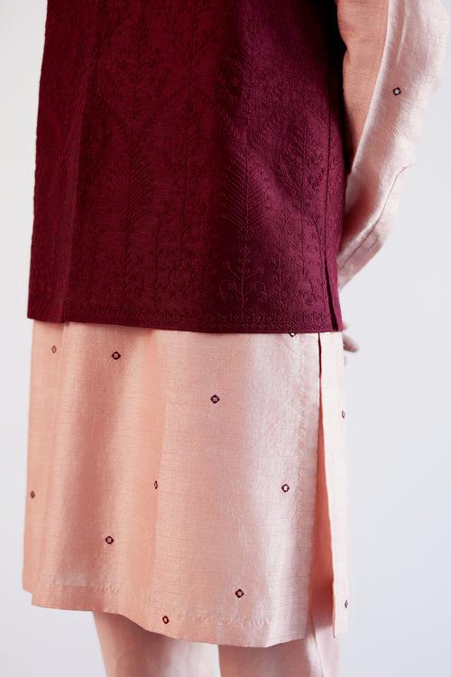 Blush Pink Embroidered Kurta with Bundi Set