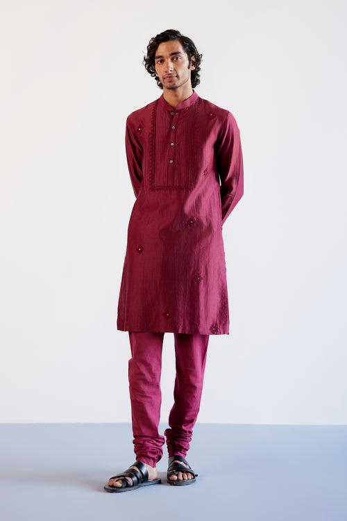 Maroon Self Embroidered Chanderi Kurta Set