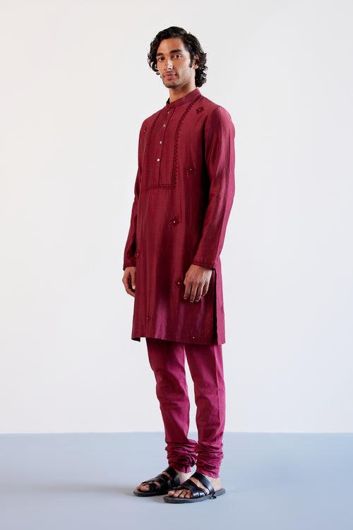 Maroon Self Embroidered Chanderi Kurta Set