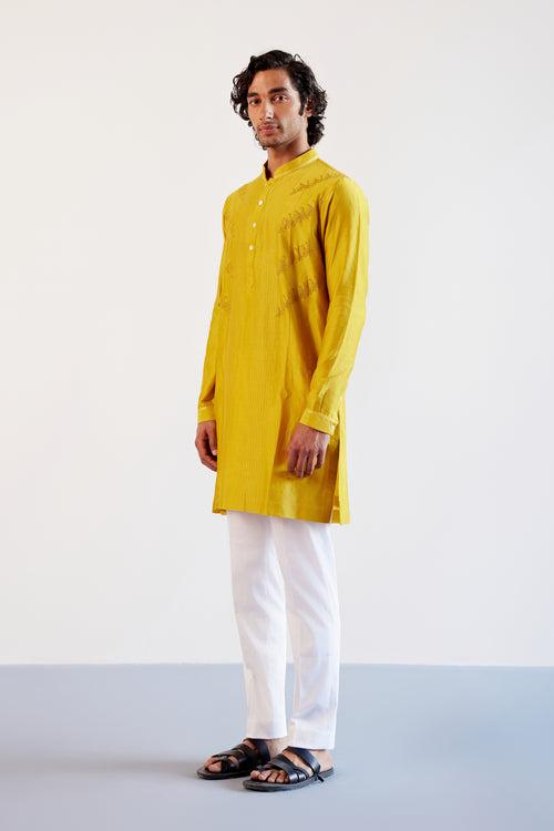 Mustard Self Embroidered Chanderi Kurta Set