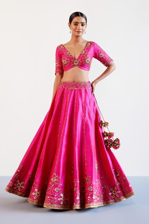 Fuchsia Pink Hand Embroidered Raw Silk Lehenga Set