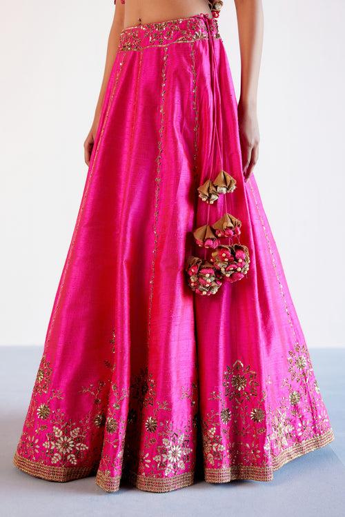 Fuchsia Pink Hand Embroidered Raw Silk Lehenga Set