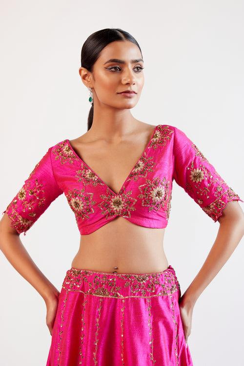 Fuchsia Pink Hand Embroidered Raw Silk Lehenga Set