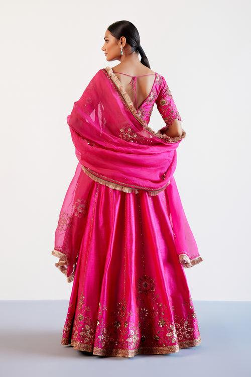 Fuchsia Pink Hand Embroidered Raw Silk Lehenga Set