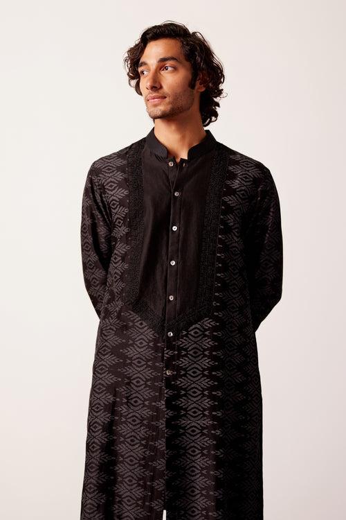 Black Ikat Print Chanderi Kurta Set