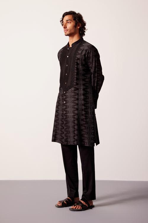 Black Ikat Print Chanderi Kurta Set