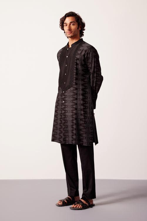 Black Ikat Print Chanderi Kurta Set